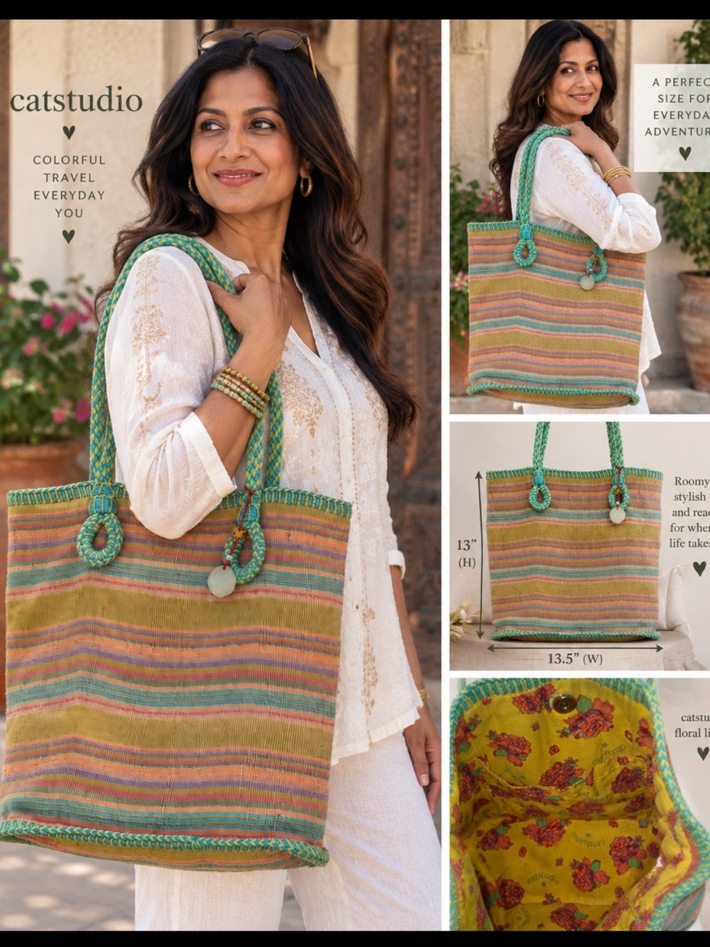 Vintage Catstudio Riviera handwoven multicolored striped tote bag- floral lining
